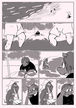 anthro beach beach_towel beach_umbrella belly_folds bikini clothed clothing crossdressing hat headgear headwear male navel outside overweight overweight_anthro overweight_male parasol sea sun_hat swimwear towel two-piece_swimsuit water swinegarden common_hippopotamus equid equine hippopotamid horse mammal comic greyscale hi_res monochrome