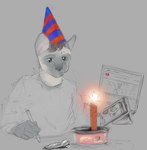 anthro candle candlelight canned_food cat_food clothing computer desk drawing_tablet electronics furniture hat headgear headwear holding_object holding_stylus laptop lid light looking_at_object male party_hat pet_food shirt solo stylus table topwear two_tone_face whiskers youtube_logo banoncat banoncat_(character) 2023 hi_res