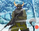 anthro armed armor assault_rifle bulletproof_vest cold eyewear forest goggles gun horn male military plant ranged_weapon rifle snow soldier solo steam tactical tactical_gear tactical_gloves tree warrior weapon winter mastergodai bovid bovine cattle mammal