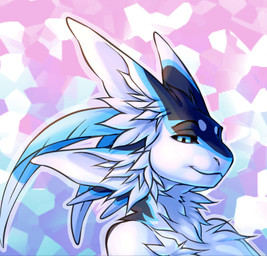 abstract_background anthro bedroom_eyes black_body black_feathers black_sclera blue_body blue_eyes blue_feathers feathers fluffy fluffy_chest looking_at_viewer male narrowed_eyes neck_tuft seductive smile smug smug_expression smug_eyes smug_face solo tuft white_body white_feathers seagullse braid_(k'braid) avali bust_portrait hi_res portrait