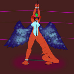 anthro arms_above_head ball_gag bdsm blindfold breasts collar cuff_(restraint) feathers female gag genitals leash restraints snake_hood solo spreader_bar standing tail tail_around_leg vulva wingfriend hybrid reptile scalie snake absurd_res hi_res