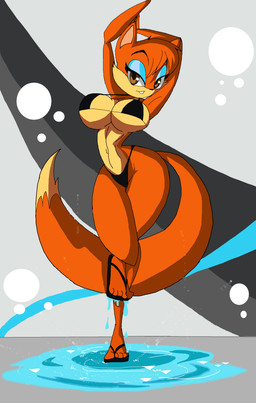 5_toes abstract_background anthro bedroom_eyes bikini black_bikini black_clothing black_flip_flops black_footwear black_shoes black_swimwear blue_eyeshadow breasts brown_eyes cleavage clothed clothing dancing dipstick_tail eyebrows eyeliner eyeshadow facial_markings feet female footwear fur grey_background grin grinning_at_viewer head_markings looking_at_viewer makeup markings muzzle_(marking) narrowed_eyes orange_body orange_fur puddle seductive shoes simple_background small_waist smile smiling_at_viewer solo swimwear tail tail_markings tan_chest tan_markings tan_muzzle tan_tail_tip thick_thighs toes two-piece_swimsuit wide_hips manic47 canid canine fox mammal 2015 absurd_res hi_res