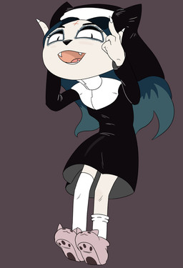 4_fingers alternate_costume alternative_fashion animal_slippers anthro blue_hair breasts clothing cross dress eyeshadow fangs female fingers footwear fur goth hair inverted_cross long_hair long_socks looking_at_viewer makeup nun open_mouth pose pupils religion shoes simple_background slippers slit_pupils small_breasts solo standing teeth white_body white_fur stupidgnoll cartoon_hangover christianity the_summoning claire_(the_summoning) domestic_cat felid feline felis mammal 2018 digital_media_(artwork)