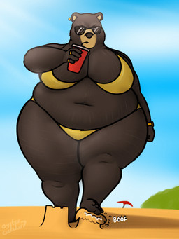 anthro beach belly beverage big_breasts bikini black_body black_fur breasts cleavage clothed clothing drinking_soda female fur overweight overweight_female soda solo swimwear two-piece_swimsuit wide_hips oystercatcher7 dreamworks over_the_hedge vincent_(over_the_hedge) bear mammal 3:4 absurd_res hi_res