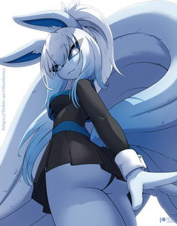anthro biped black_clothing blue_body butt clothed clothing eyebrows female fingers hair looking_at_viewer looking_back low-angle_view pupils simple_background smile thick_thighs thong underwear rilex_lenov nintendo pokemon alolan_form alolan_ninetales generation_7_pokemon pokemon_(species) regional_form_(pokemon) hi_res