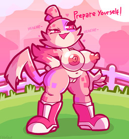 4_fingers anthro areola big_breasts breasts building cheek_tuft claws clothing cloud day dialogue eyebrows eyelashes facial_tuft female fence finger_claws fingers footwear fur genitals gloves_(marking) grass hand_on_hip heart_reaction huge_breasts innie_vulva laugh markings mostly_nude multicolored_body multicolored_fur navel nipples open_mouth open_smile outside pawpads pink_areola pink_body pink_clothing pink_eyes pink_footwear pink_fur pink_nipples pink_pawpads pink_shoes plant purple_body purple_fur shoes smile socks standing sun tail talking_to_viewer tan_body tan_fur text thick_thighs tree tuft vulva white_clothing white_footwear white_socks wide_hips filthyskull spazii_(filthyskull) domestic_cat felid feline felis mammal 2023 aliasing artist_name binary_drawing cel_shading digital_drawing_(artwork) digital_media_(artwork) english_text full-length_portrait hi_res portrait shaded