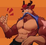 abs anthro antlers beard bite bottomwear chest_tuft clothed clothing clothing_bite clothing_lift emanata eyebrows facial_hair fur gesture hair hand_gesture horn looking_at_viewer male muscular muscular_anthro muscular_male narrowed_eyes nipples orange_background pants pecs raised_clothing raised_shirt raised_topwear shirt shirt_lift simple_background smile smirk solo thumbs_up topwear tuft rygel_spkb deer mammal 2021 hi_res