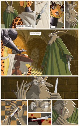 anthro armor beverage blood blood_drip blood_on_ground blood_on_hand bodily_fluids bottomwear breasts brick brick_wall cake checkerboard_floor cheek_tuft clenched_teeth cloak close-up clothing comic_panel container crossed_arms cutting_self dessert detailed_background dialogue dipstick_tail door dripping duo ears_down eyebrows eyewear facial_tuft facing_away_from_viewer fangs female first_person_view fist food frown fur furniture glasses grey_body grey_eyes grey_fur grimace high_collar holding_knife holding_object holding_weapon horn inside knife leopard_spots loincloth long_eyebrows low-angle_view male markings midriff opaque_glasses orange_body orange_fur pivoted_ears rear_view self-harm shadow shaggy_fur side_view speech_bubble spots table tablecloth tail tail_markings teapot teeth text tuft unconvincing_armor wall_(structure) weapon wearing_glasses wraps yellow_body yellow_eyes yellow_fur hiverdose kurlan_(last_fables) lieren_(last_fables) bovid caprine felid goat leopard mammal markhor pantherine absurd_res comic digital_media_(artwork) english_text hi_res