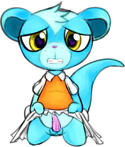 animal_genitalia animal_penis anthro balls blue_body blue_fur bodily_fluids bottomwear clothed clothing clothing_lift crossdressing cum fur genital_fluids genitals heart_eyes heart_symbol looking_at_viewer male penis pink_penis simple_background skirt skirt_lift solo white_background yellow_eyes tafuruba hasbro littlest_pet_shop littlest_pet_shop_(2012) sunil_nevla banded_mongoose herpestid mammal mongoose 2015