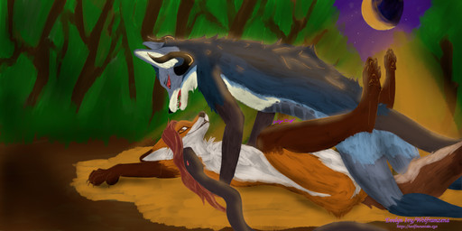 andromorph anthro blue_body blue_fur duo forest forest_background fur horn intersex intersex/male light living_tail male moonlight nature nature_background orange_body orange_fur pawpads plant snake_tail suggestive tail tree unusual_anatomy unusual_tail evelyn_ivy canid canine chimera fox mammal reptile scalie snake 2:1 absurd_res hi_res