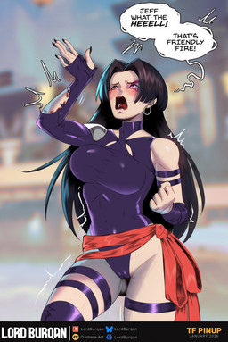 big_breasts bite_mark black_hair bodily_fluids breasts camel_toe clothing ear_piercing ear_ring female genital_fluids hair human_only leotard not_furry piercing ring_piercing solo standing text torn_clothing vaginal_fluids lordburqan marvel marvel_rivals psylocke human mammal 2026 english_text hi_res
