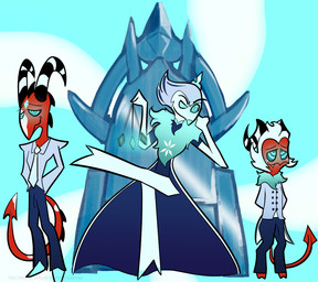 abstract_background anthro chair clothing erection erection_under_clothing furniture group hypnosis male male/male mind_control pendulum pendulum_swing spiral spiral_background spiral_eyes throne trio foxymoxxie hellaverse helluva_boss andrealphus_(helluva_boss) blitzo_(helluva_boss) moxxie_(helluva_boss) avian bird galliform goetia imp peafowl phasianid