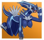 absurd_res anthro blue_tail breasts dialga droopygoober female generation_4_pokemon hi_res legendary_pokemon nintendo nude open_mouth pokemon pokemon_(species) red_eyes simple_background solo tail yawn