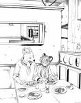 ambient_figure anthro detailed_background duo eyes_closed food inside male open_mouth restaurant smile young young_anthro young_male manmosu_marimo mammal unknown_species 2012 black_and_white digital_drawing_(artwork) digital_media_(artwork) monochrome