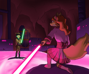 anthro asian_clothing boots clothing complex_shading cowboy_hat detailed_background duel east_asian_clothing factory female fight footwear fur hair hat headgear headwear japanese_clothing kimono lightsaber male melee_weapon orange_hair poncho shoes tan_body tan_fur underground weapon trycia_lotus star_wars undertale_(series) undertale_yellow ceroba_ketsukane starlo_(undertale_yellow) amphibian aquatic axolotl canid canine fox mammal mole_salamander salamander absurd_res hi_res