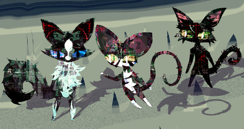 ambiguous_anthro ambiguous_gender anthro black_body black_fur black_tail blue_sclera detailed_background fur green_sclera group tail trio white_body white_fur yellow_sclera naircat domestic_cat felid feline felis mammal 2013