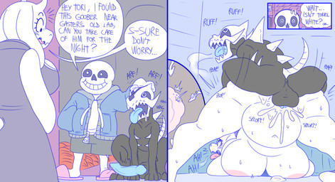 ahegao animal_genitalia animal_penis anthro anthro_on_feral anthro_penetrated ass_up balls barking bestiality big_breasts big_penis black_balls black_body black_fur black_perineum black_sheath blue_clothing blue_hoodie blue_topwear blush bodily_fluids bone bottomwear breasts canine_genitalia canine_penis clothing cum cum_in_vagina cum_inflation cum_inside dialogue doggystyle dress ejaculation erection female female_penetrated feral feral_penetrating feral_penetrating_anthro from_behind_position fur genital_fluids genitals grey_bottomwear grey_clothing grey_shorts group headpat hoodie huge_breasts impregnation inflation larger_anthro larger_female larger_penetrated looking_pleasured male male/female male_penetrating male_penetrating_female moan motion_lines onomatopoeia orgasm orgasm_face penetration penis perching_position perineum pink_slippers purple_clothing purple_dress sex sheath shirt shorts size_difference skeleton skull skull_head smaller_feral smaller_male sound_effects speech_bubble tail tail_motion tailwag text thrusting topwear trio vaginal vaginal_penetration white_body white_clothing white_dress white_fur white_shirt white_topwear meatboom undertale undertale_(series) gaster_blaster sans_(undertale) toriel animated_skeleton bovid caprine goat mammal undead 2026 comic english_text hi_res