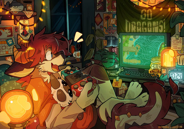 :d anthro banner biped black_body black_fur brown_body brown_fur calendar claws clock computer_keyboard computer_mouse container controller cup digital_clock electronics feet finger_claws fur furniture game_controller gaming hair happy horn inside lamp lava_lamp light monitor mug multicolored_body multicolored_fur night open_mouth open_smile paper pen plant playing_video_game plushie post-it_note poster scissors sitting smile solo table tail text toe_claws wall_(structure) window mintcashew mythology dragon furred_dragon furred_scalie mythological_creature mythological_scalie scalie absurd_res artist_name digital_drawing_(artwork) digital_media_(artwork) english_text hi_res lighting