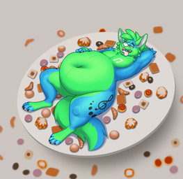 anthro belly big_belly bloated blue_body bread cookie dessert feet food green_body green_hair hair hand_behind_head hand_on_belly lying male musical_note musical_symbol narrowed_eyes navel nude obese obese_anthro on_back open_mouth overweight overweight_anthro overweight_male pastry plate short_hair solo stuffing symbol teeth thick_thighs tongue weight_gain wide_hips 67marshmallows jayjay_idingo canid canine canis dingo mammal absurd_res hi_res