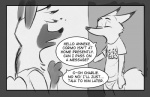 anthro clothed clothing dialogue duo eyes_closed female fur greeting partially_clothed shirt speech_bubble text topwear underwear rockbottomfeeder disney pack_street zootopia anneke_(weaver) charlie_(weaver) aardwolf canid canine fox hyena mammal comic english_text monochrome