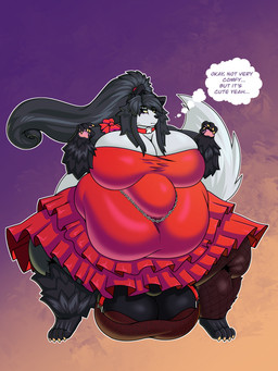 abstract_background anthro ball_bra balls belly big_balls big_belly black_body bow_ribbon breasts chain choker claws cleavage clothed clothing dress fishnet_clothing fishnet_legwear fluffy fluffy_tail front_view fur genitals gynomorph hair huge_balls hyper hyper_balls hyper_genitalia intersex jewelry legwear lingerie long_hair looking_at_self moobs necklace obese overweight pawpads pink_pawpads ponytail red_clothing red_dress solo standing tail text thick_thighs thought_bubble white_body white_fur yellow_claws yellow_eyes sv3n sven_(sv3n) canid canine canis domestic_dog husky mammal nordic_sled_dog spitz absurd_res english_text hi_res male_(lore)