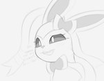 ambiguous_gender dialogue eyelashes feral fur fur_markings grey_background grey_sclera markings open_mouth ribbons_(anatomy) simple_background solo text arteficialtrees nintendo pokemon eeveelution generation_6_pokemon pokemon_(species) sylveon 2024 english_text greyscale hi_res monochrome sketch