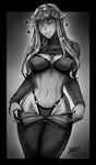 bra breasts cleavage clothed clothing female humanoid_pointy_ears not_furry panties pointy_ears solo underwear undressing wide_hips iahfy nintendo the_legend_of_zelda princess_zelda humanoid hylian 2022 hi_res monochrome