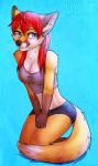 2014 anthro biped black_nose blue_eyes bottomwear breasts canid canine canis cleavage clothed clothing dipstick_tail eyebrows eyelashes female fox fur gloves_(marking) hair hi_res hybrid kneeling leg_markings long_hair looking_at_viewer mammal markings midriff multicolored_tail nayel-ie red_hair shorts skimpy smile socks_(marking) solo tail tail_markings tan_body tan_fur whiskers white_body white_fur wolf
