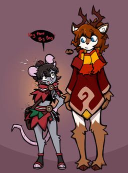 2_horns 3_toes amputee anthro antlers bag bar_emanata biped blue_eyes bottomwear brown_body brown_eyes brown_fur brown_hair button_(fastener) clothed clothed_anthro clothed_female clothed_male clothing cloven_hooves disability duo emanata eyebrow_through_hair eyebrows feet female fingers footwear front_view fully_clothed fully_clothed_anthro fully_clothed_female fully_clothed_male fur greeting grey_body grey_fur hair hooves horn larger_male male missing_arm notched_ear open_mouth open_smile pattern_clothing pattern_scarf pink_nose pink_tail rope scarf sewing_needle shoes shoulder_bag size_difference smaller_female smile standing striped_clothing striped_scarf stripes tail teeth text thread toes tongue topwear translucent translucent_hair white_body white_fur white_inner_ear mewgle sen_(mewgle) stitch_(mewgle) deer mammal mouse murid murine new_world_deer reindeer rodent 2025 english_text hi_res