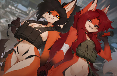 anthro biped breasts claws clothed clothed_anthro clothed_female clothing countershade_torso countershading duo female fingers front_view fur hair holding_object looking_at_another navel smile standing tail teeth amarihel escape_from_tarkov cassie_(amarihel) canid canine fox mammal 2026 digital_drawing_(artwork) digital_media_(artwork) hi_res
