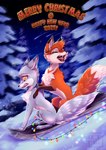 duo feral fur grey_body grey_fur open_mouth orange_body orange_fur snow string_lights toboggan yellow_eyes rukifox ice_(rukifox) riu_(rukifox) canid canine fox mammal hi_res