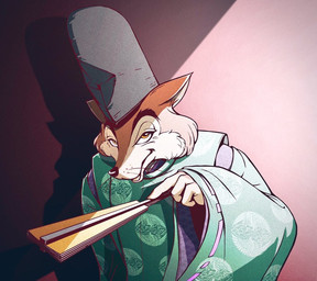 anthro asian_clothing cast_shadow cheek_tuft clothed clothed_anthro clothed_male clothing east_asian_clothing eboshi facial_tuft folding_fan front_view fur headgear headwear holding_object japanese_clothing kariginu male male_anthro narrowed_eyes pattern_clothing print_clothing simple_background solo tuft whiskers 8aaccoo disney disney's_pinocchio pinocchio "honest"_john_foulfellow canid canine fox mammal 2020