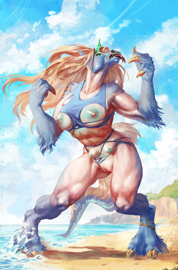 anthro beach big_breasts black_sclera blonde_hair breasts clitoris clothing collarbone detailed_background female forked_tongue genitals green_eyes growth hair hooves human_to_anthro long_hair mid_transformation multi_breast outside sand solo species_transformation standing teat_growth teats teeth tongue tongue_out torn_clothing transformation vulva water sidj-6 mythology shandis dragon equid equine human kirin mammal monster mythological_creature mythological_scalie scalie hi_res