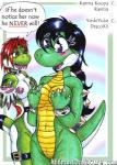 anthro areola big_breasts black_hair blush breasts cleavage clothed clothing duo female hair nipple_piercing nipples non-mammal_breasts non-mammal_nipples piercing red_hair simple_background text drxii mario_bros nintendo karma_koopa yuke_(drxii) green_yoshi koopa scalie yoshi english_text