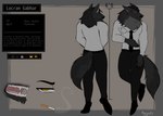 anthro beard cigarette claws facial_fur facial_hair fangs fluffy male necktie office_clothing sharp_teeth solo teeth text yellow_eyes cumcadaver locran_gabhar canid canine canis mammal wolf absurd_res english_text hi_res model_sheet