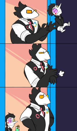 anthro clothed clothing duo eyewear glasses humor male necktie cheetahtrout deltarune the_simpsons undertale_(series) spamton_g._spamton swatch_(deltarune) avian darkner humanoid swatchling 2021 comic comment_chain meme