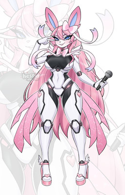 5_fingers anthro blue_eyes blush bow_ribbon clothing electronics eyebrows eyelashes female fingers footwear gesture hair hair_between_eyes hand_gesture holding_microphone holding_object long_eyelashes long_hair looking_at_viewer microphone navel pink_eyebrows pink_nose pose shoes small_waist solo standing thick_thighs v_sign hestid nintendo pokemon eeveelution generation_6_pokemon pokemon_(species) robot_anthro sylveon absurd_res colored digital_drawing_(artwork) digital_media_(artwork) full-length_portrait hi_res portrait shaded