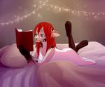 anthro bed book clothed clothing female furniture hair inside lying on_front pawpads red_hair smile solo spots stripes franciscassidy felid mammal digital_media_(artwork) shaded