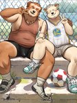 anthro arm_around_shoulders ball belly bent_legs bodily_fluids bottomwear brown_body bulge clothing detailed_bulge duo footwear front_view genital_outline gesture grin hand_gesture hand_on_knee hand_on_leg male male/male open_mouth open_smile outside overweight penis_outline shirt shoes shorts sitting slightly_chubby smile sneakers soccer_ball soccer_field socks spread_legs spreading sweat tank_top tight_clothing topwear v_sign white_body white_clothing white_footwear white_socks djtaka canid canine canis domestic_dog mammal hi_res