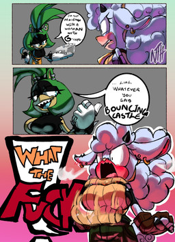 anthro big_breasts blue_eyes blush bouncing_breasts breasts clothing duo ear_piercing female fingerless_gloves fur gloves handwear horn piercing size_shaming text wool_(fur) n_t_h1 idw_publishing sega sonic_the_hedgehog_(comics) sonic_the_hedgehog_(idw) sonic_the_hedgehog_(series) whatever_you_say_bouncy_castle lanolin_the_sheep_(sonic) surge_the_tenrec afrosoricid bovid caprine mammal sheep tenrec absurd_res comic english_text hi_res meme