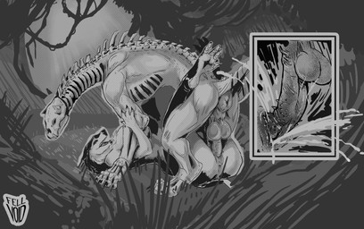 animal_genitalia animal_penis anthro anus bone breasts duo feline_genitalia feline_penis female female_anthro feral forest from_front_position genitals jungle male male/female mating_press penile_spines penis plant puffy_anus sex skeleton teratophilia tree vaginal fellvoid monster sergal absurd_res hi_res