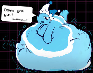 belly big_belly blue_body clothing digestion fool's_hat hat headgear headwear mass_vore multiple_prey text vore water meosporin deltarune undertale_(series) darkner elemental_creature mizzle_(deltarune) water_creature 2025 absurd_res digital_media_(artwork) english_text hi_res