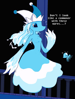 black_eyes blue_body blush blush_lines bodily_fluids breasts clothing detailed_background dialogue featureless_breasts female floating flying_sweatdrops fool's_hat hair hat headgear headwear long_hair looking_aside navel not_furry raised_arm small_breasts solo sweat sweatdrop text water commonbleat deltarune undertale_(series) miss_mizzle darkner elemental_creature humanoid mizzle_(deltarune) water_creature digital_drawing_(artwork) digital_media_(artwork) english_description english_text hi_res