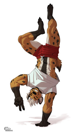 5_fingers abs anthro barefoot bottomwear claws clothed clothing feet finger_claws fingers fur gesture gloves_(marking) hair hand_gesture handstand inner_ear_fluff leg_markings logo looking_at_viewer male markings muscular muscular_anthro muscular_male on_one_hand raised_clothing raised_shirt raised_topwear shirt shorts simple_background socks_(marking) solo spots tail tan_body tan_fur teeth_showing toe_claws topwear tuft upside_down v_sign white_background white_hair yellow_eyes spiritinchoco hyena mammal spotted_hyena 2025 absurd_res artist_logo digital_media_(artwork) hi_res