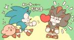 :t ^_^ anthro black_body black_fur blue_body blue_fur blush chibi clothing eyes_closed footwear fur gloves group handwear happy heart_symbol male red_body red_fur shoes smile sparkles text throwing sikai kirby_(series) nintendo sega sonic_the_hedgehog_(series) kirby shadow_the_hedgehog sonic_the_hedgehog eulipotyphlan hedgehog mammal waddling_head japanese_text