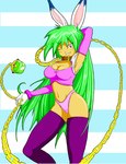 anime_style anthro blue_ears breasts brown_collar chain cleavage clothed clothing collar dipstick_ears ear_markings eyebrow_through_hair eyebrows female gem green_gem green_hair grin hair hand_behind_head legwear long_hair multicolored_ears one_eye_closed panties pink_clothing pink_inner_ear pink_panties pink_underwear pose purple_clothing purple_eyes purple_legwear purple_thigh_highs smile solo straight_hair teeth thigh_highs translucent translucent_hair two_tone_ears underwear white_ears wink jaimer puchi_carat peridot_(puchi_carat) animal_humanoid humanoid lagomorph lagomorph_humanoid leporid_humanoid mammal mammal_humanoid rabbit_humanoid 2007 hi_res pinup portrait three-quarter_portrait