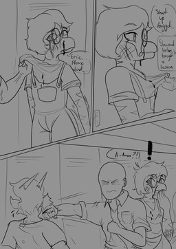angry anthro bald begging_for_mercy biped blood blood_drip blood_on_shirt bodily_fluids broken_glasses bruised bullying clothed clothed_anthro clothed_human clothed_male clothing dialogue dripping exclamation_point eyewear face_punch feathered_tail feathers femboy fingers fist frown glasses group hair hallway hand_to_mouth homophobia homophobic_slur horn humanoid_hands inside locker male markings nosebleed overalls punch round_glasses scared shirt_grab short_hair speech_bubble standing striped_markings stripes surprised tail talking_to_another text trio arsenic_iii cavemanon_studios goodbye_volcano_high ko_op_(game_developer) snoot_game anon_(snoot_game) sage_(gvh) dinosaur dromaeosaurid human mammal microraptor prehistoric_species reptile saurischian scalie theropod 2023 black_and_grey comic english_text hi_res monochrome