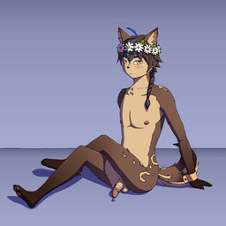 anthro balls blush bodily_fluids brown_body brown_fur cuffs_(clothing) flower flower_crown foreskin fur genital_fluids genitals glans humanoid_genitalia humanoid_penis leaking_precum looking_at_viewer male nipples nude pawpads paws penis plant precum retracted_foreskin simple_background sitting sitting_on_ground solo tail xevv canid canine canis mammal wolf 1:1 hi_res