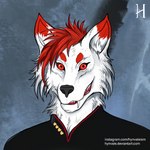 abstract_background anthro clothing costume fur hair inner_ear_fluff looking_at_viewer male red_eyes red_hair smile smirk solo text tuft white_body white_fur hynvale star_trek chivalrythewolf canid canine canis mammal wolf 1:1 bust_portrait portrait url