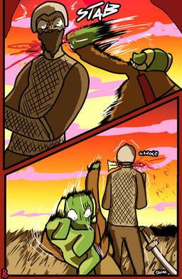 anthro blood bodily_fluids clothed clothing duo female gore horn male melee_weapon sword text weapon brradett lernie_(brradett) human mammal scalie absurd_res colored comic hi_res